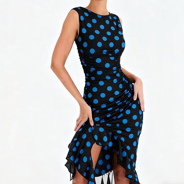 Elegant Blue Polka Dot Art Dress for Women
